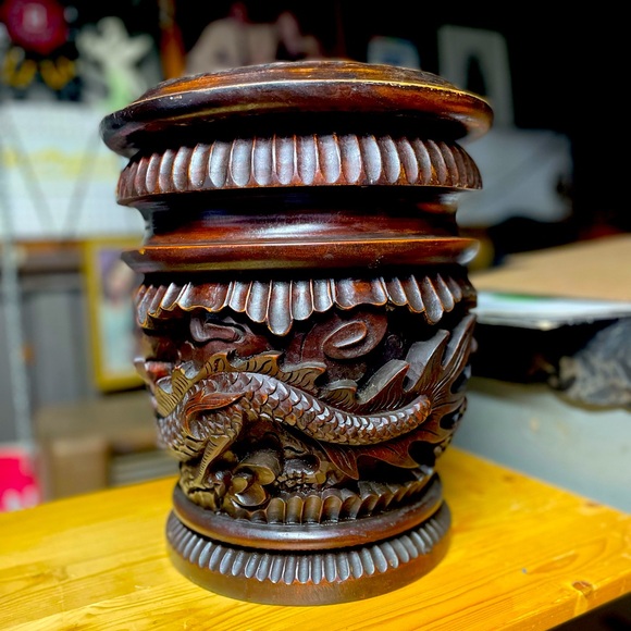 Asian Hand carved wood rice container. 1ft 2in tall.